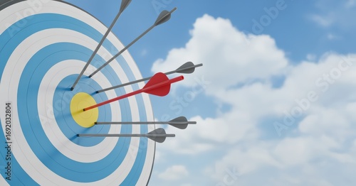 Target with multiple arrows embedded, showcasing precision and focus, against a bright blue sky with fluffy clouds, symbolizing achievement and goal setting in archery