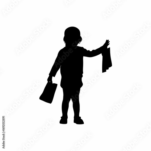 Silhouette of a child selling newspapers waving to attract buyers isolated on white background