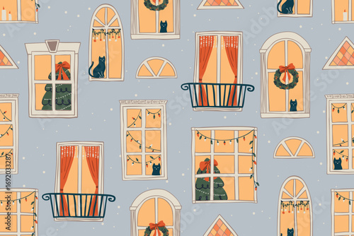 Cozy hand drawn vector seamless pattern with christmas windows, cats, garlands and wreaths in doodle style. Trendy holiday background for wrapping paper, textiles and greeting cards