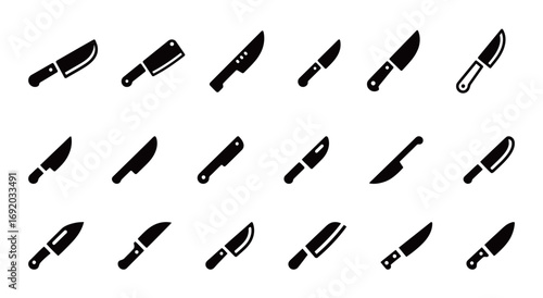 Set of kitchen knives icons, various styles of chef and paring knives for cooking and food preparation concepts.