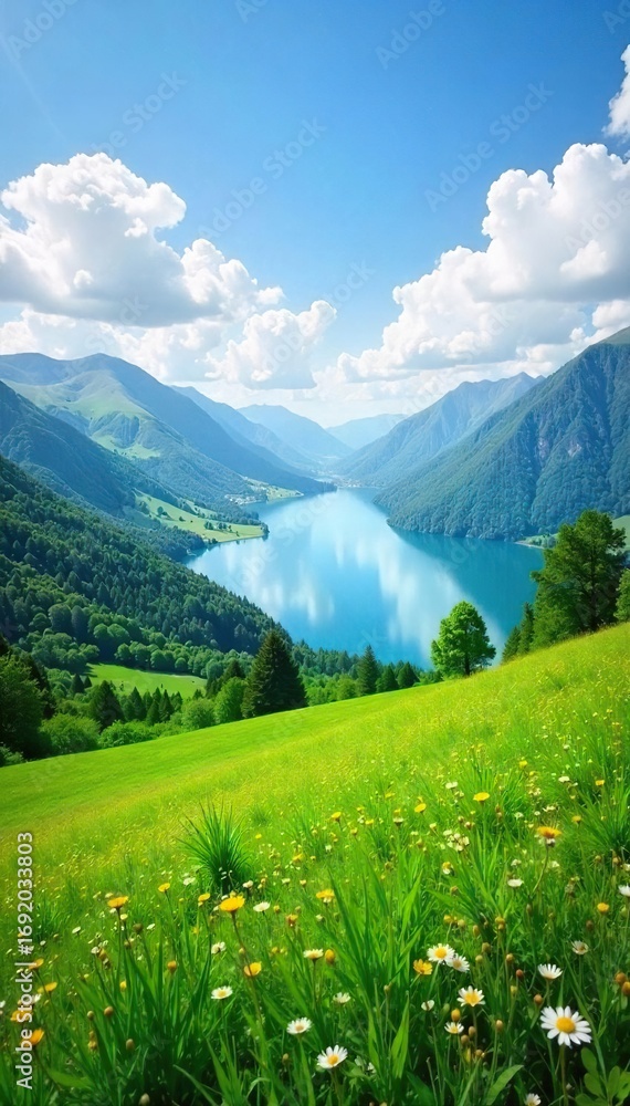 Fototapeta premium Serene vista of rolling hills, lush green meadows, and a tranquil blue lake reflecting the sky Perfect for travel, nature, and environmental projects , nature, scenery, horizon