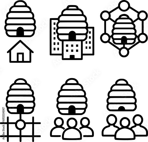 Beehive Vector Icons Representing Modern Society Concept