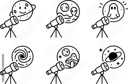 Telescopes Exploring Strange Cosmic Worlds Vector Icons Set