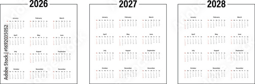Monthly calendar layout for 2026 2027 2028 year. Diary planner for 2026 2027 2028 year. Week Starts on Sunday.
