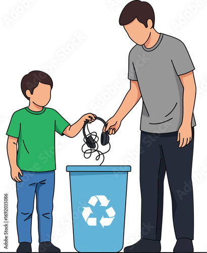 Father and son disposing of old headphones in a recycling bin.