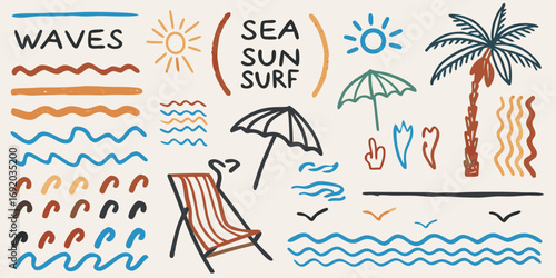 Hand drawn beach elements collection featuring waves sun palm tree and beach chair
