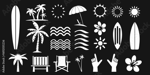 Collection of white summer beach icons and symbols on a black background