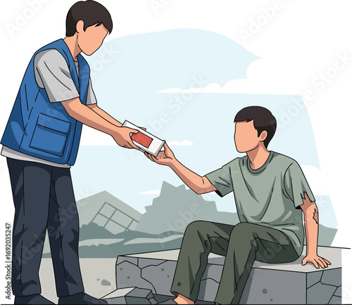 Humanitarian aid worker gives supplies to a person in a disaster area.