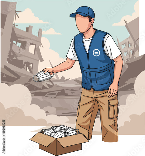 Humanitarian aid worker distributing face masks amidst disaster aftermath.