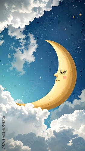 Sleepy crescent moon among clouds