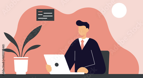 Professional man works on a laptop in a modern, minimalist office. Ideal for concepts of remote work, online business, productivity, and digital communication.