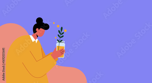 Stylized person tending to a plant in a jar, symbolizing growth, sustainability, care, and new beginnings. Ideal for business and lifestyle themes.