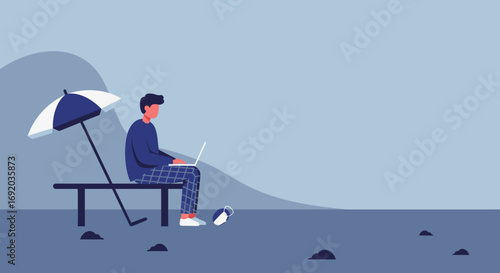 Man working remotely on laptop under an umbrella, with a face mask on the ground. Represents flexible work, digital nomad lifestyle, and new normal.