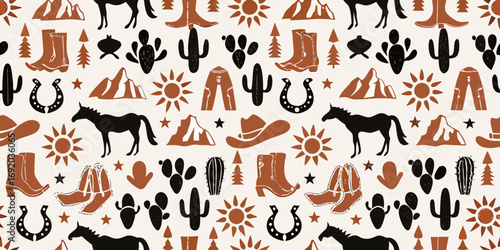 Whimsical western pattern with horses cowboys boots cacti and sun elements