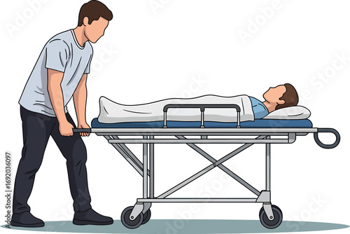 Medical professional transporting patient on a stretcher.