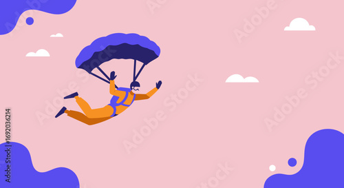 Adventurous skydiver gracefully descends with a parachute against a vibrant sky, symbolizing freedom, challenge, and exhilarating outdoor lifestyle or travel.