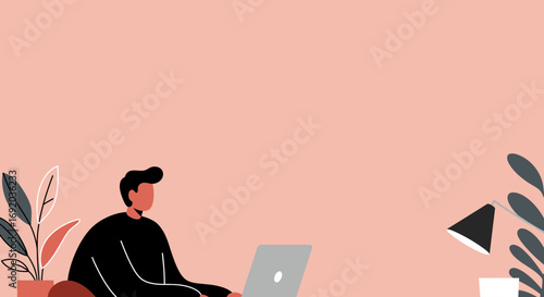 Focused man working remotely on a laptop in a minimalist home office setting with plants. Represents productivity, online business, and modern lifestyle.