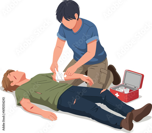 Person administering first aid to an injured individual with a first aid kit.