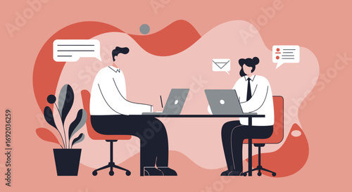 Two professionals diligently working on laptops at a shared desk in a modern office, representing collaboration and digital communication.