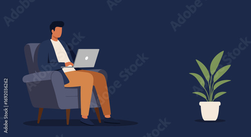 A man comfortably working on his laptop in an armchair with a houseplant nearby. Represents remote work, online education, or freelance business.