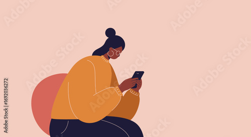 Young woman in glasses focused on her smartphone. Ideal for themes of digital communication, social media, remote work, or everyday technology use.