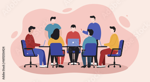 Diverse team collaborating in a business meeting, discussing ideas and working on laptops. Ideal for corporate, teamwork, and office environment concepts.
