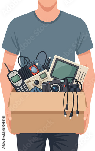 Person holding a box of old electronic devices and cables.