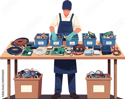 Person Sorting Electronic Waste and Cables into Bins.