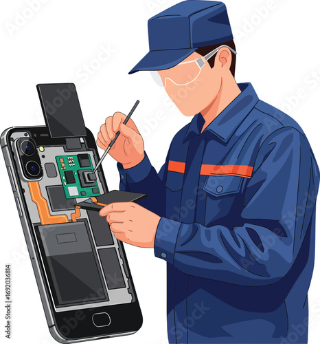 Technician repairing a disassembled smartphone with tools.