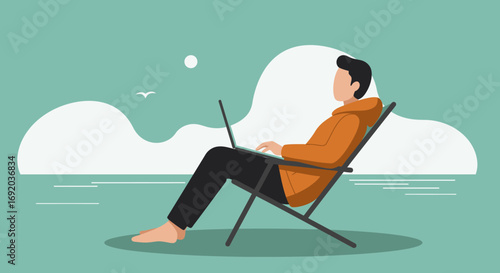 Man working remotely on a laptop while relaxing in a deck chair by the water with hills in the background. Illustrates digital nomad lifestyle, freedom, and flexible work.