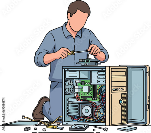 Technician repairing an open computer tower with tools.