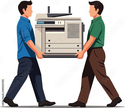 Two men carrying a photocopier machine together.