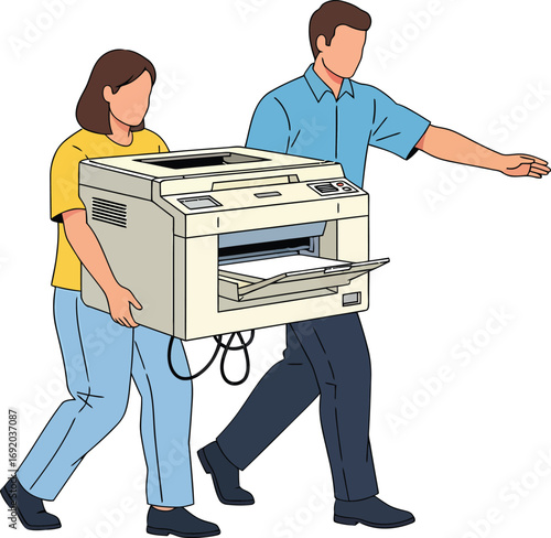 Two people carrying a printer together.