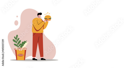 A person holds a sparkling vegan burger with plant-based fries and greens, symbolizing healthy food choices and a conscious plant-based lifestyle.