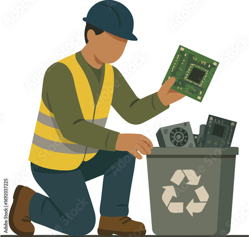 Worker recycling electronic waste in a bin.