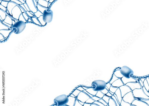 Diagonal marine template buoys made of foam on a twisted rope with a fishing net in a monochrome watercolor illustration for decorating marine-themed parties and fish restaurants.Hand-drawn clipart