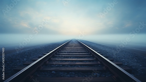 Abandoned railway tracks stretching into thick fog with upper horizon entirely blank, creating a minimalist and mysterious environment perfect for overlay, text, or conceptual designs.