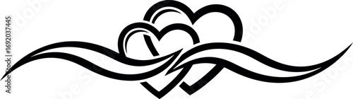 Elegant intertwined hearts with swirling flourishes decorative element for love and romance vector silhouette