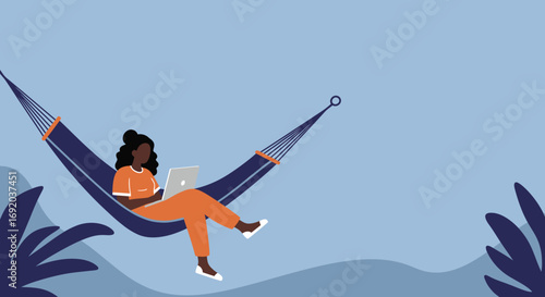 A diverse woman works remotely on her laptop while relaxing in a hammock outdoors, embodying freedom, productivity, and a flexible digital nomad lifestyle.