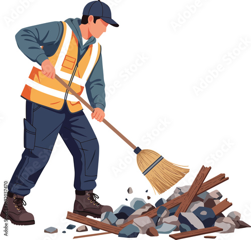 Construction worker sweeping debris with a broom.