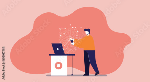 Man using mobile phone connected to a digital data network with a laptop, illustrating online services, communication, and technological connectivity for modern business and lifestyle.