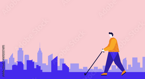 Visually impaired person navigating an urban cityscape with a white cane, illustrating independence, accessibility, and daily life in the city.