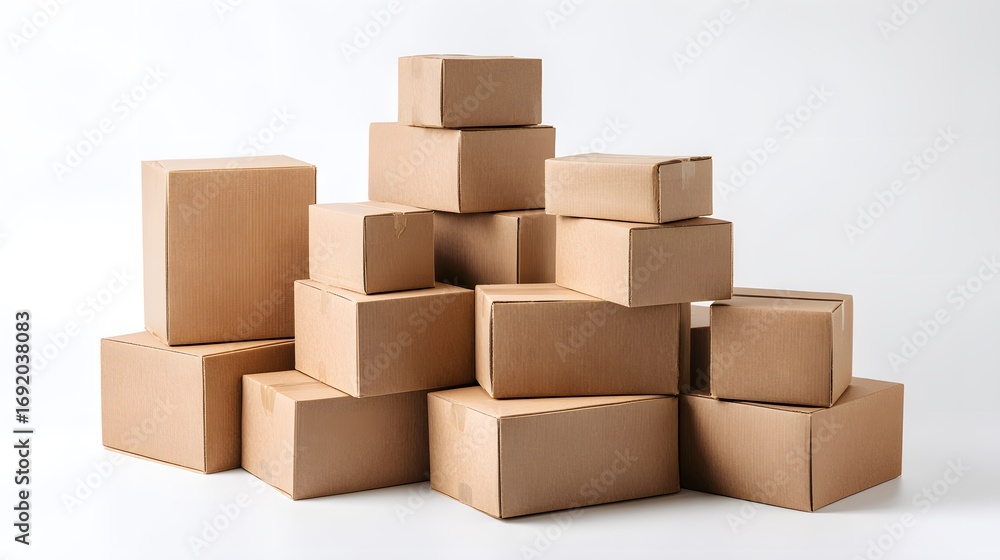 Fototapeta premium A pile of brown cardboard boxes stacked on a white background.