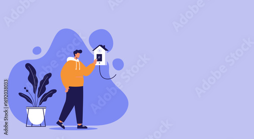 Young man interacting with a smart home control panel in a modern, connected house. Depicts convenience and futuristic home automation for lifestyle.