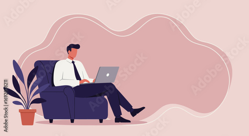 Professional man comfortably working on a laptop from home or a relaxed office setting, ideal for remote work, freelance, and online business concepts.