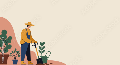 Gardener in a hat using a shovel to work in the garden among potted plants and a watering can, illustrating sustainable living or hobby.
