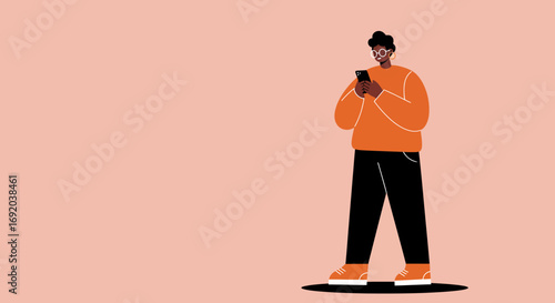 Minimalist illustration of a person engrossed in their smartphone. Represents digital communication, social media, and modern technology use in everyday life.