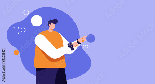 Man using a smartwatch and pointing, representing modern technology interaction and digital connectivity. Ideal for concepts like smart devices, user interface, or future tech.