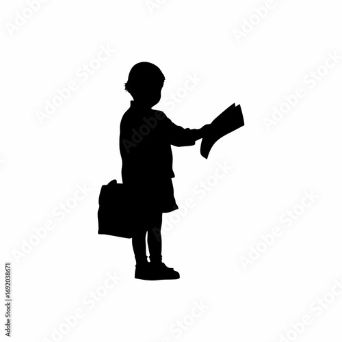 Child at bus stop offering newspapers isolated on white background