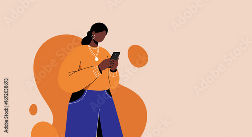 Young woman actively using her smartphone for communication, work, or leisure. Illustrates digital connection, online activity, and modern lifestyle.
